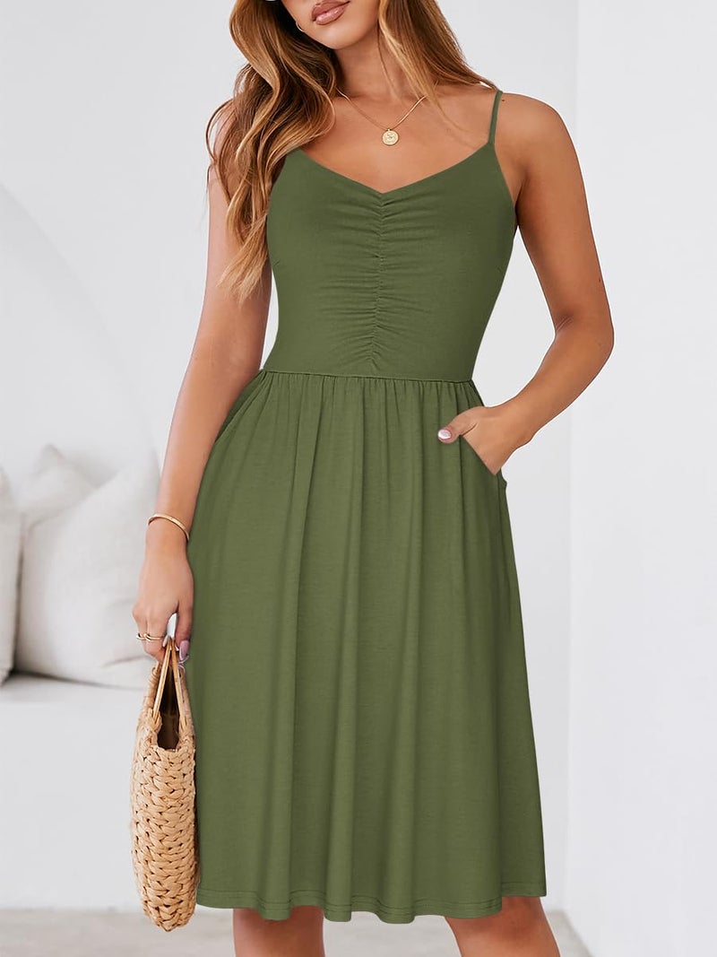 YATHON Women's Spaghetti Straps Party Sundress with Pockets Casual Beach Summer Dresses 2025(YT090-Army Green, L) - Image 4